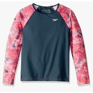 NWT SPEEDO UV Kids Rash Guard Swim Shirt Top Long Sleeve Gray Medium‎ Colorblock